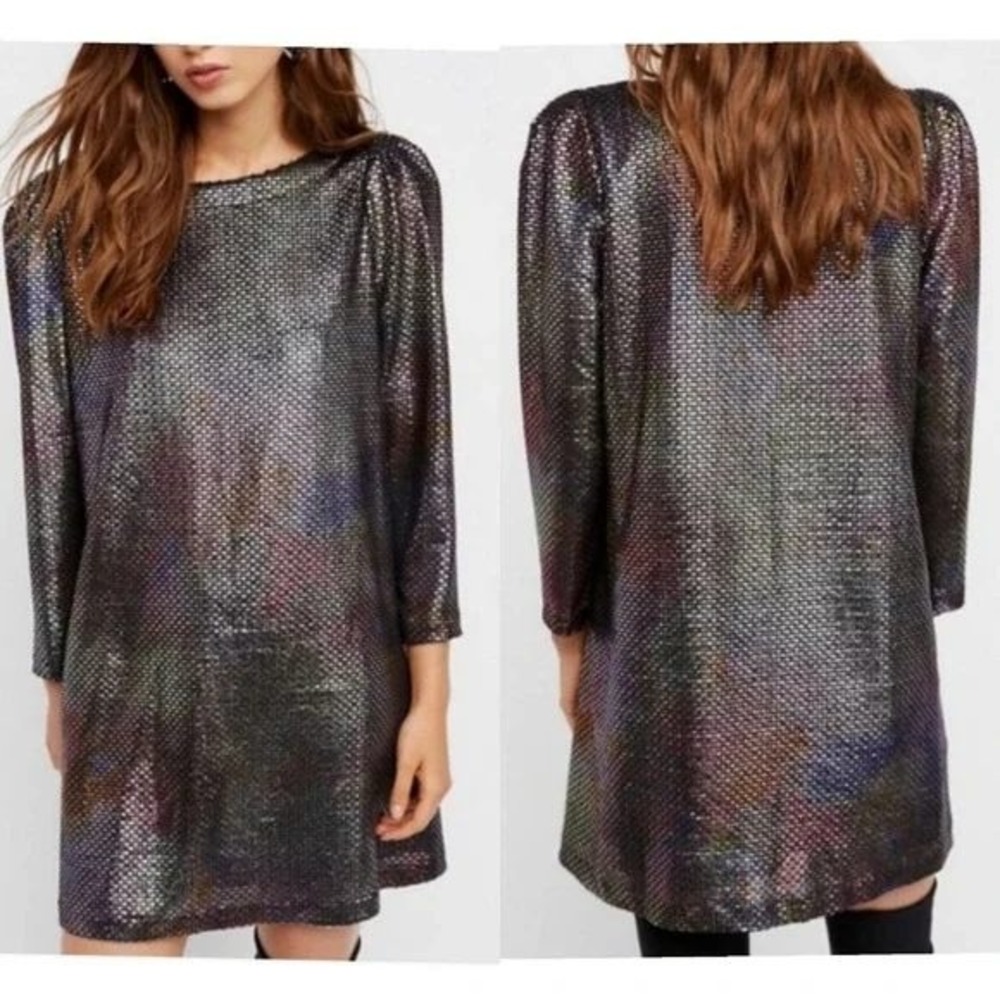 Free People Womens Dress Medium Swing Black Metallic Cocktail Party‎ 3/4 Sleeve